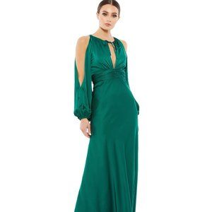 TIED KEYHOLE COLD SHOULDER BISHOP SLEEVE GOWN